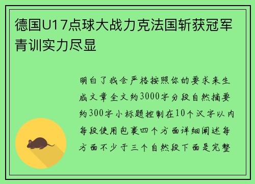 德国U17点球大战力克法国斩获冠军 青训实力尽显 德国U17点球大战力克法国斩获冠军 青训实力尽显