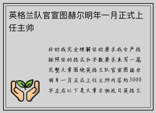 英格兰队官宣图赫尔明年一月正式上任主帅